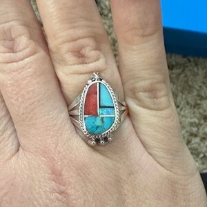 James Manygoats Navajo Made Sterling Silver Turquoise Opal Spiny Ring size 8 NWT